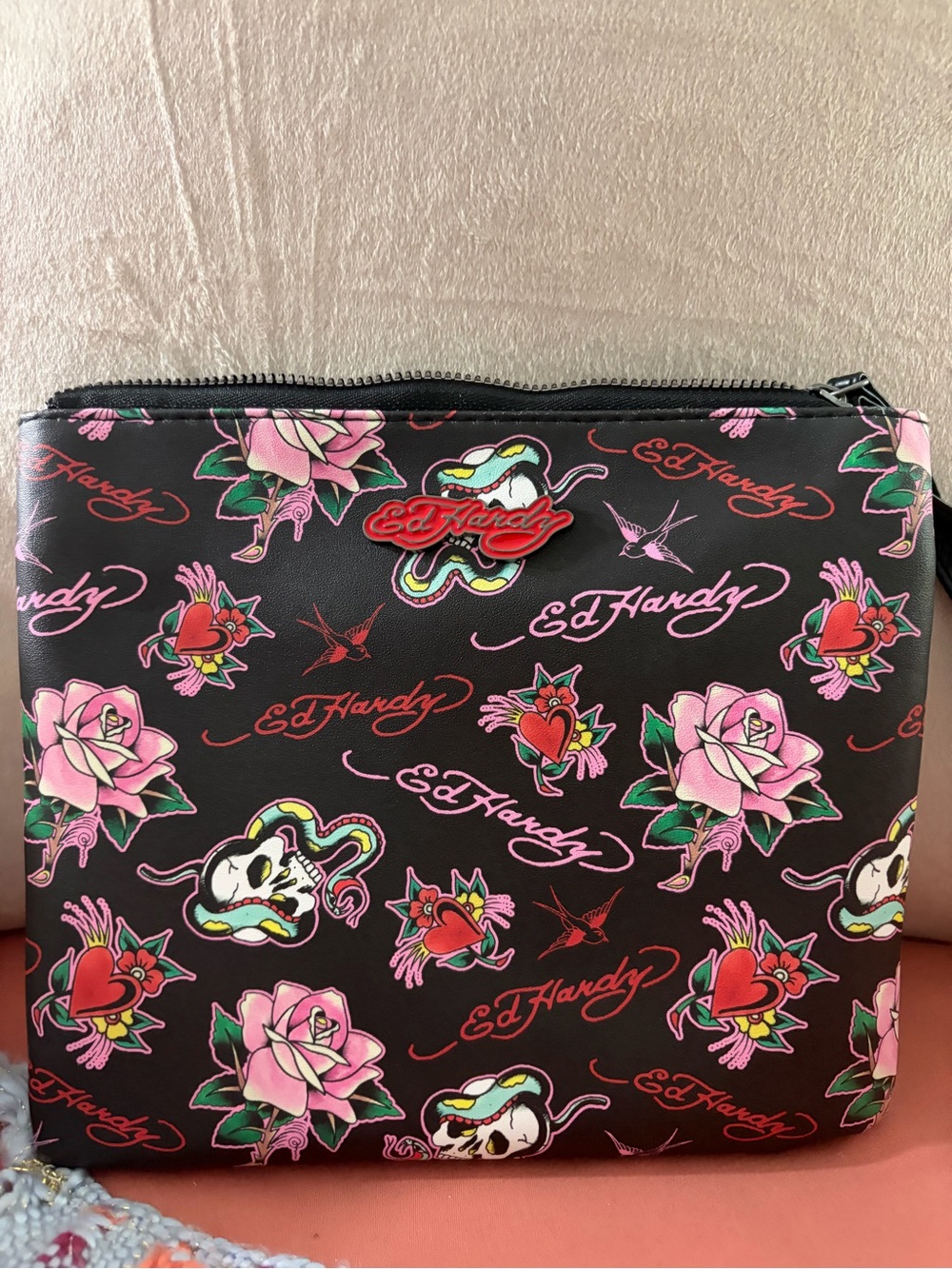 NWT Ed Hardy Black Floral & Tattoo Print Wristlet